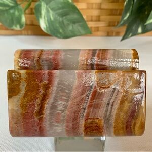 Vintage Onyx Calcite Card Holder Office Desk Accessory Banded Red & Pink 3.2"